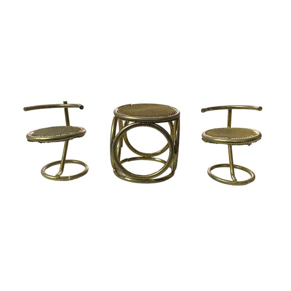 Vintage Brass Dollhouse Furniture 1 Table 2 Chairs Mesh Gold Furniture - Picture 4 of 8